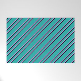 [ Thumbnail: Light Sea Green, Violet, and Black Colored Lined/Striped Pattern Welcome Mat ]