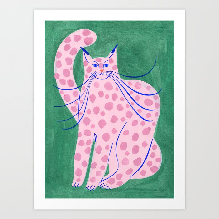 Pink cat on shinny green Art Print