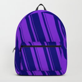 [ Thumbnail: Blue & Purple Colored Pattern of Stripes Backpack ]