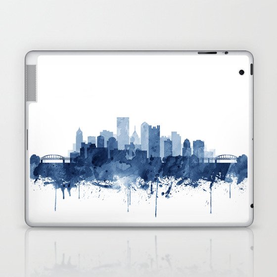 Pittsburgh Skyline Watercolor Blue Art Print by Synplus Laptop & iPad Skin