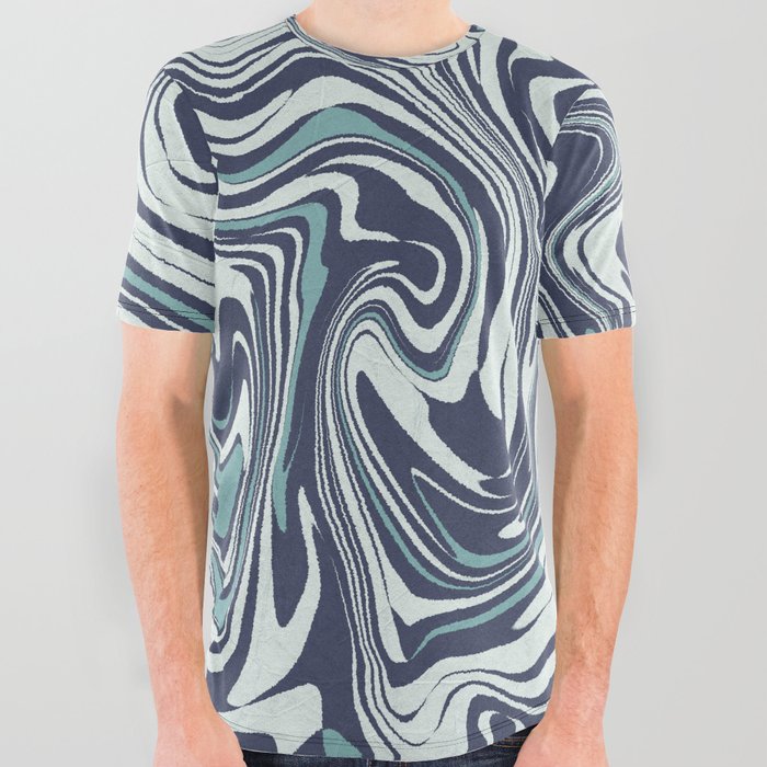 Retro blue liquid marbling pattern All Over Graphic Tee