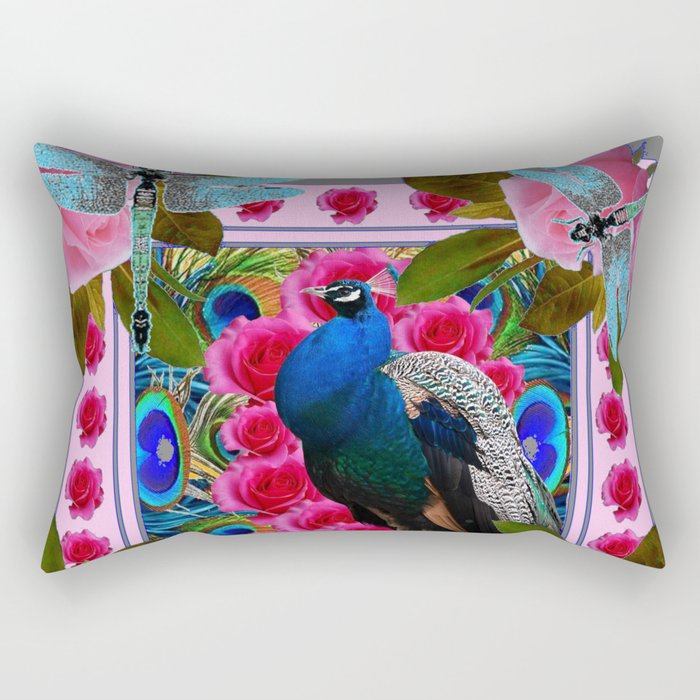 BLUE DRAGONFLIES PEACOCK & PINK ROSES ART Rectangular Pillow