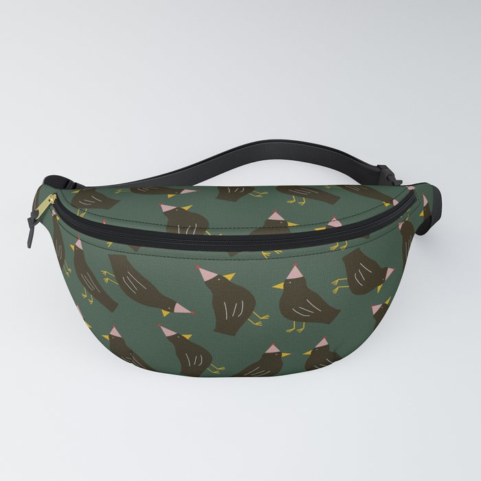 Cute seamless pattern with rooks in funny caps on dark green background  Fanny Pack