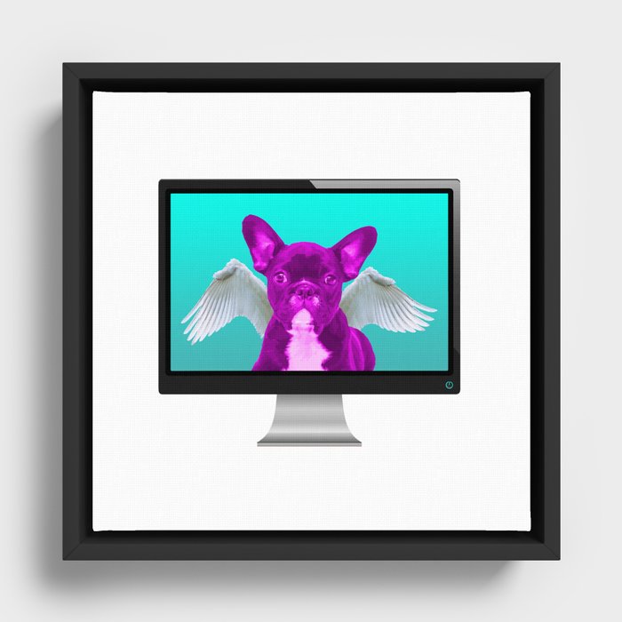 Funny Pink French Bulldog with Angel Wings in Computer Screen Framed Canvas