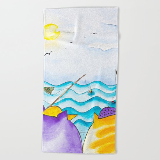 Cats fishing Beach Towel