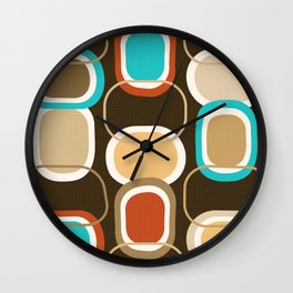 Colorful Mid Century Modern Rounded Rectangle Pattern // Turquoise Blue, Espresso, Country Red, Yellow, Khaki Brown, Beige, Ivory Wall Clock