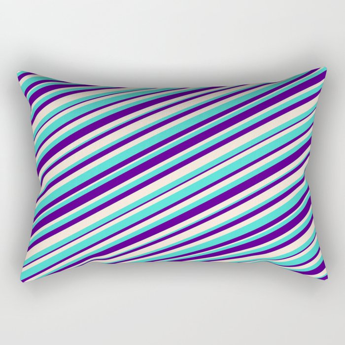 Turquoise, Indigo, and Beige Colored Lines/Stripes Pattern Rectangular Pillow