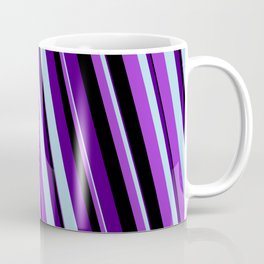 [ Thumbnail: Indigo, Light Blue, Dark Orchid & Black Colored Striped Pattern Coffee Mug ]
