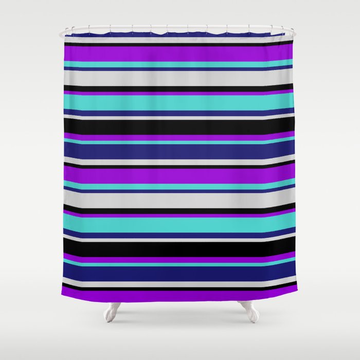 Colorful Dark Violet, Turquoise, Midnight Blue, Light Gray & Black Colored Striped/Lined Pattern Shower Curtain