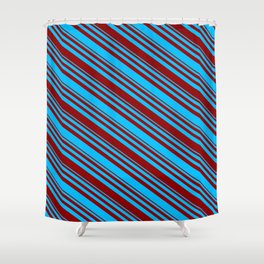 [ Thumbnail: Deep Sky Blue and Dark Red Colored Lined Pattern Shower Curtain ]