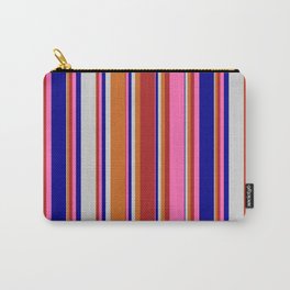 [ Thumbnail: Eyecatching Chocolate, Red, Hot Pink, Dark Blue & Light Gray Colored Lines/Stripes Pattern Carry-All Pouch ]