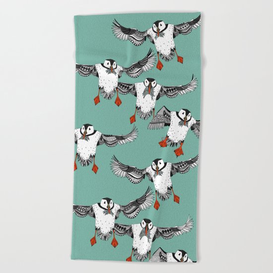 Atlantic Puffins mint Beach Towel