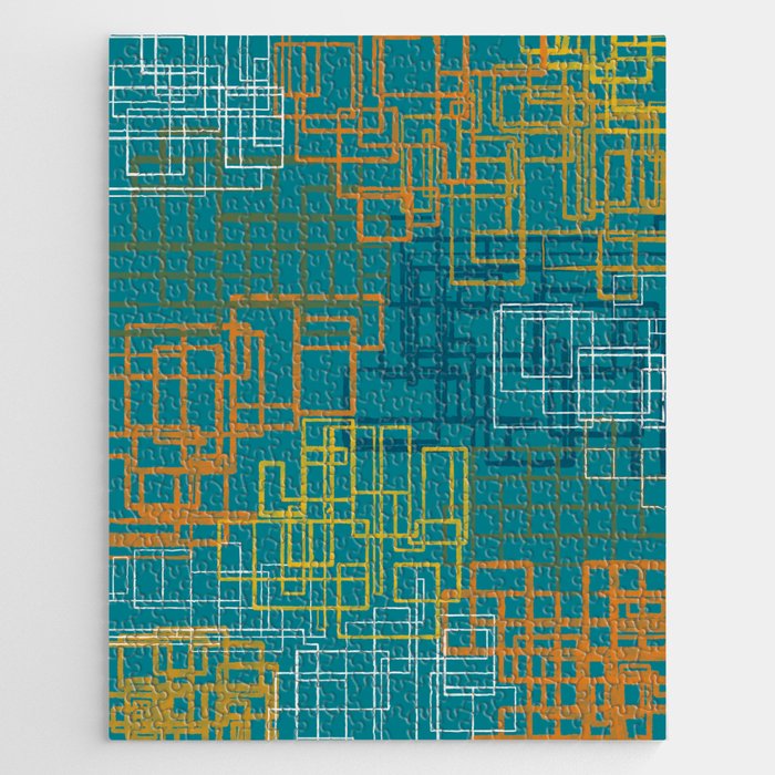 Mid-Century Modern Geometric Watercolor Abstraction in Moroccan Teal Orange Olive Jigsaw Puzzle