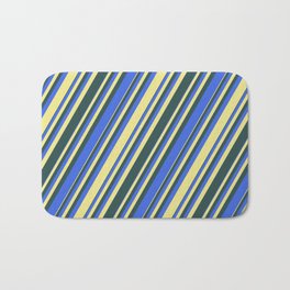 [ Thumbnail: Dark Slate Gray, Royal Blue, and Tan Colored Lined/Striped Pattern Bath Mat ]