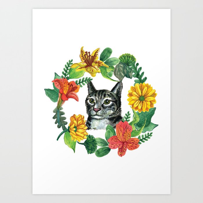 Tabby Cat Watercolor Floral Wreath Painting Art Print By