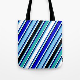 [ Thumbnail: Vibrant Blue, Light Sea Green, Light Sky Blue, White & Black Colored Lines/Stripes Pattern Tote Bag ]