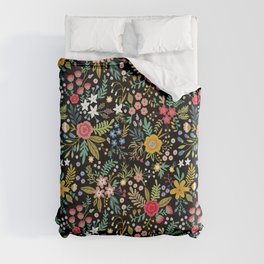 Amazing floral pattern with bright colorful flowers, plants, branches and berries on a black backgro Duvet Cover