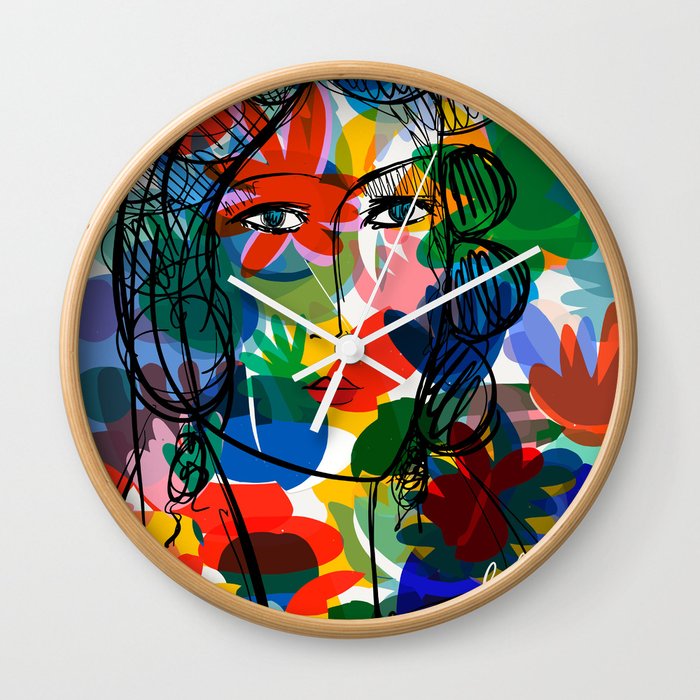 La femme aux fleurs portrait pop abstract by Emmanuel Signorino Wall Clock
