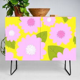 Cheerful Summer Pink Flowers On Bright Yellow Credenza