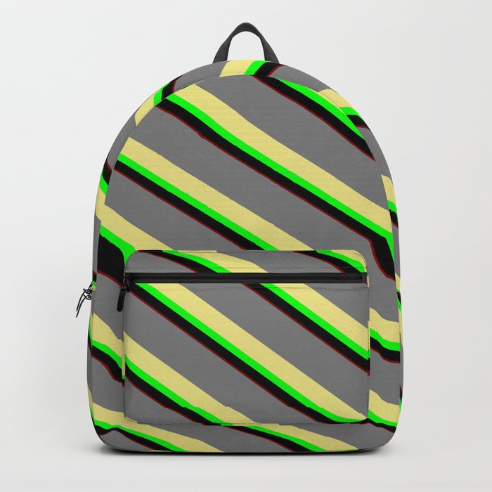 Colorful Gray, Tan, Lime, Black & Maroon Colored Stripes/Lines Pattern Backpack