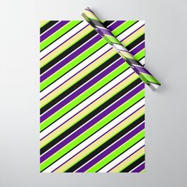 [ Thumbnail: Eye-catching Indigo, Tan, Green, Black & White Colored Lined/Striped Pattern Wrapping Paper ]