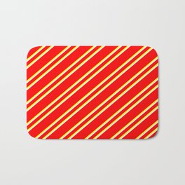 [ Thumbnail: Red, Yellow, and White Colored Stripes Pattern Bath Mat ]