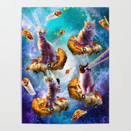 Outer Space Cats With Rainbow Laser Eyes Riding On Pizza Poster
