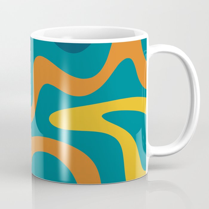Retro Liquid Swirl Abstract Pattern Square in Moroccan Blue, Teal, Orange, and Mustard Coffee Mug