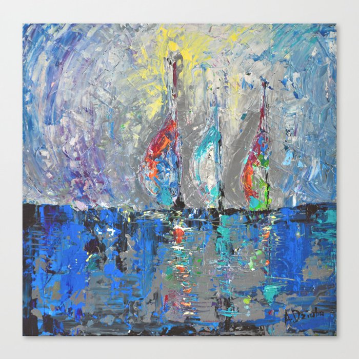 Three Sailboats Abstract Acrylic Painting Sea Landscape Blue