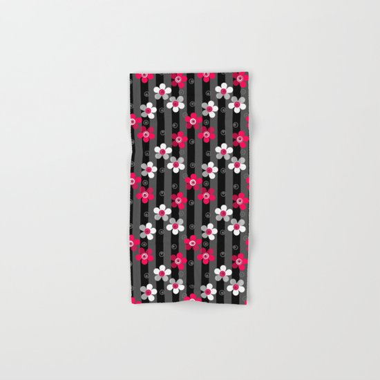 Crimson and white flowers on a black striped background Hand & Bath Towel