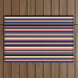 [ Thumbnail: Vibrant Beige, Light Coral, Midnight Blue, Dim Gray, and Black Colored Pattern of Stripes Outdoor Rug ]