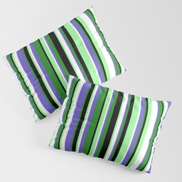 [ Thumbnail: Colorful Forest Green, Slate Blue, White, Green, and Black Colored Stripes Pattern Pillow Sham ]