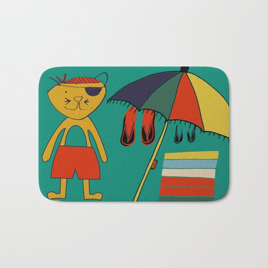 Cat pirate at the beach green Bath Mat