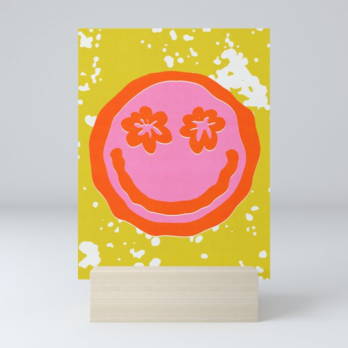 Wavy Smiley Face With Retro Flower Eyes Mini Art Print