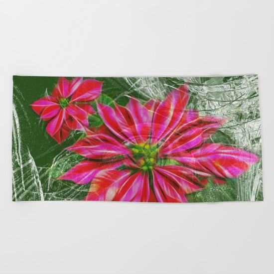 Abstract vibrant red poinsettia on green texture Beach Towel