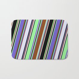 [ Thumbnail: Eyecatching Slate Blue, Brown, Lavender, Black & Green Colored Stripes Pattern Bath Mat ]