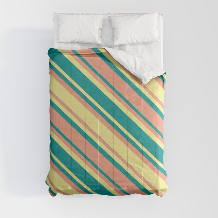 Dark Salmon, Tan & Dark Cyan Colored Lined/Striped Pattern Comforter