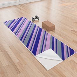 [ Thumbnail: Light Slate Gray, Plum, and Dark Blue Colored Lines/Stripes Pattern Yoga Towel ]