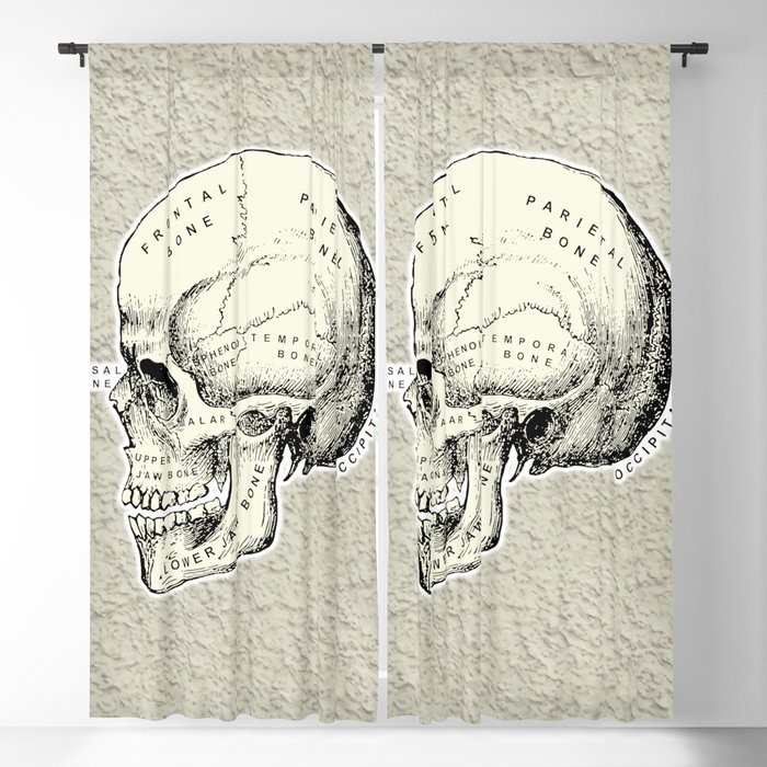 Old School Human Skull with Bones Names. Blackout Curtain