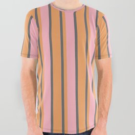 [ Thumbnail: Dim Grey, Brown & Light Pink Colored Stripes Pattern All Over Graphic Tee ]