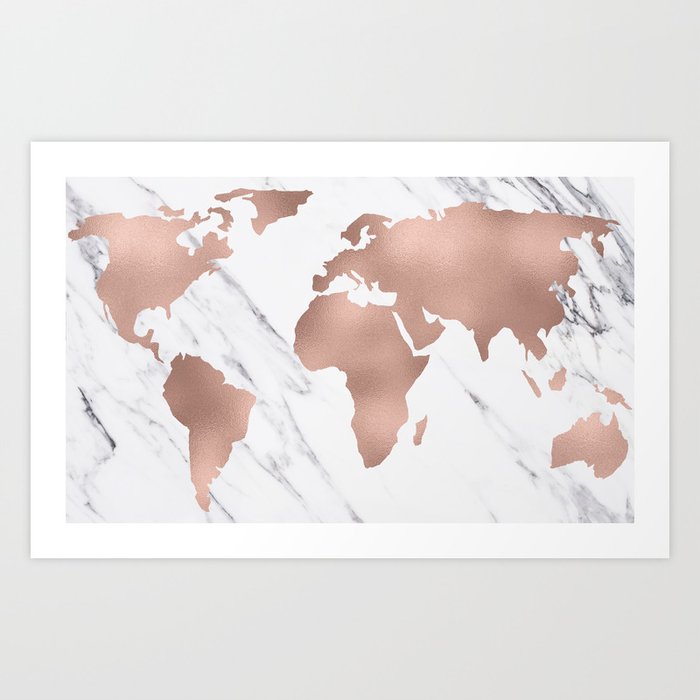 Marble World Map Rose Gold Pink Art Print By Mapmaker