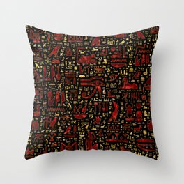 Ancient Egyptian hieroglyphic pattern Red Marble and Gold Throw Pillow