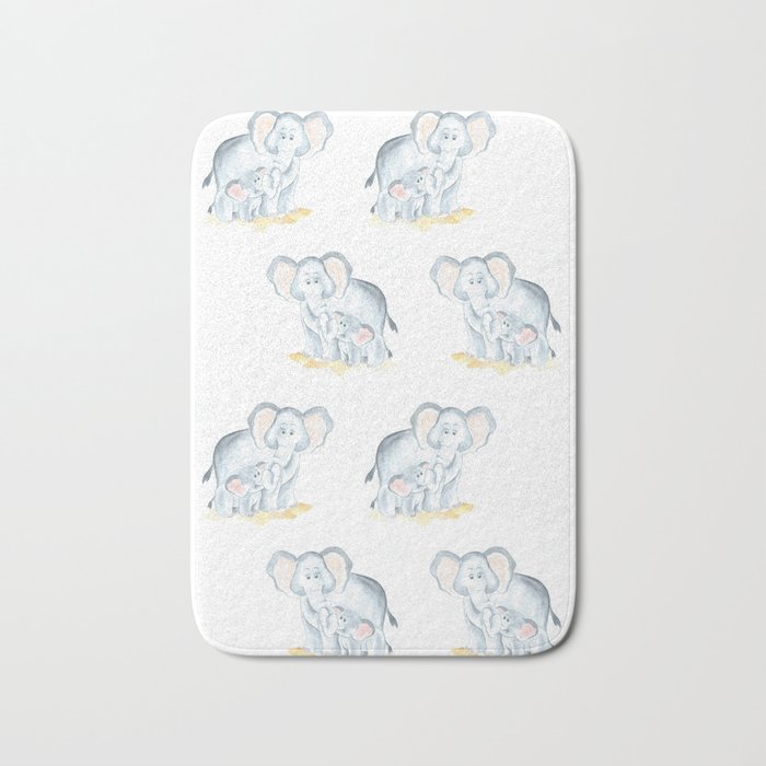 Elephants Watercolor Painting Baby Elephant With Mom Bath Mat By