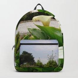 Three Cream Calla Lilies With Garden Background Backpack