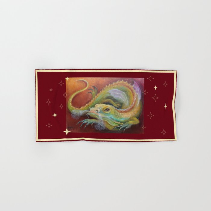 Dragon And Stars Colorful Fantasy Illustration Fancy Lizard Painting On The Brown Background Hand Bath Towel By Canisart