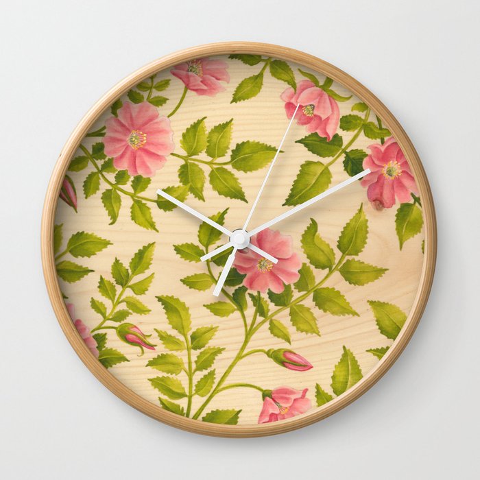 Pink Wild Rose on Wood Panel Wall Clock