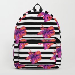 Pink and Purple Fiesta Hibiscus on a Black and White Striped Background Backpack | Blackwhitestripes, Abstract, Fiesta, Tropicalflowers, Pinkpurple, Pop Art, Watercolor, Pinkblacktropical, Hibiscuspattern, Seamlesspattern 