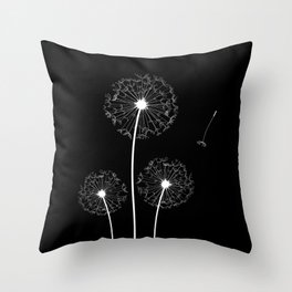 Dandelion Three White on Black Background Throw Pillow