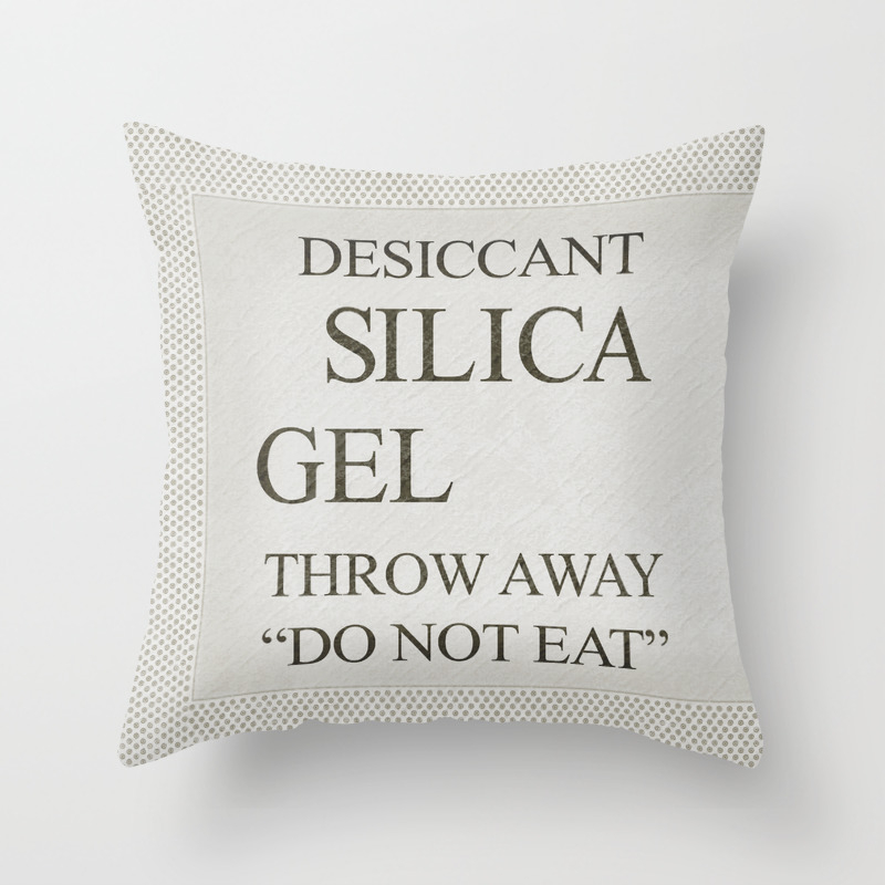 Silly Snacky Snacks DO NOT EAT SILICA GEL White on Blue Desiccant Gel Pack DO NOT EAT Dry Silica Throw Pillow 18x18 Multicolor
