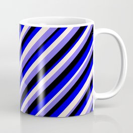 [ Thumbnail: Blue, Beige, Medium Slate Blue & Black Colored Stripes Pattern Coffee Mug ]
